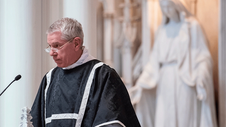 Fr. James Jackson delivers a homily during the funeral Mass for Boulder police officer Eric Talley at the Cathedral Basilica of the Immaculate Conception on March 29, 2021, in Denver, Colorado. (Photo by Daniel Petty/Archdiocese of Denver)